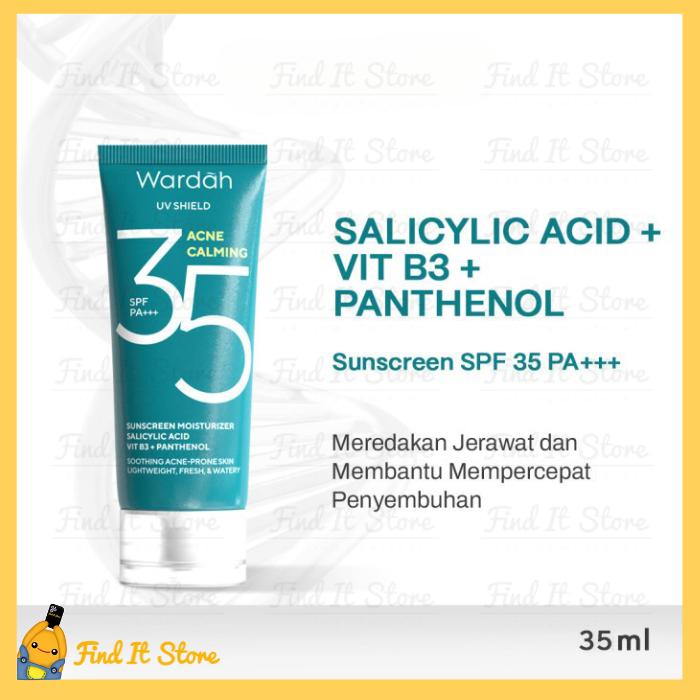Gambar Wardah Sunscreen series UV A / UV B SPF 50 PA++++ blue light protection UV Shield Moisturizer SPF 35 PA+++ Acne Calming Airy Smooth Essential Light Matte Sun Stick DNA Ceramide Moist Booster - AcneClmg 35ml dari Find It Store undefined Tokopedia