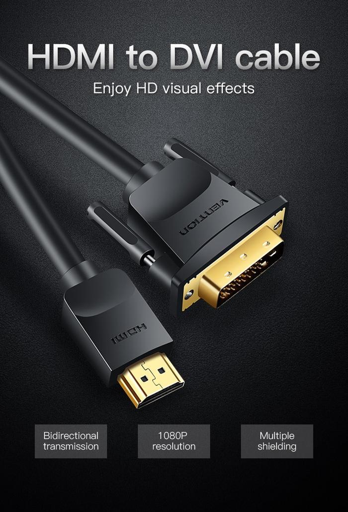 Gambar Kabel DVI to HDMI Male-Male DVI-D 24+1 Laptop CPU ke Monitor - Vention 3M dari Pandawa Komputer undefined 5 Tokopedia