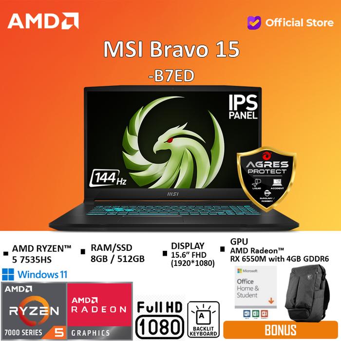 Gambar MSI Bravo 15 Ryzen 5 7535HS RX6550 4GB 8GB 512GB W11+OHS -B7ED.006 - Original RAM8GB, +Screen Protect dari AMD Official Store undefined Tokopedia
