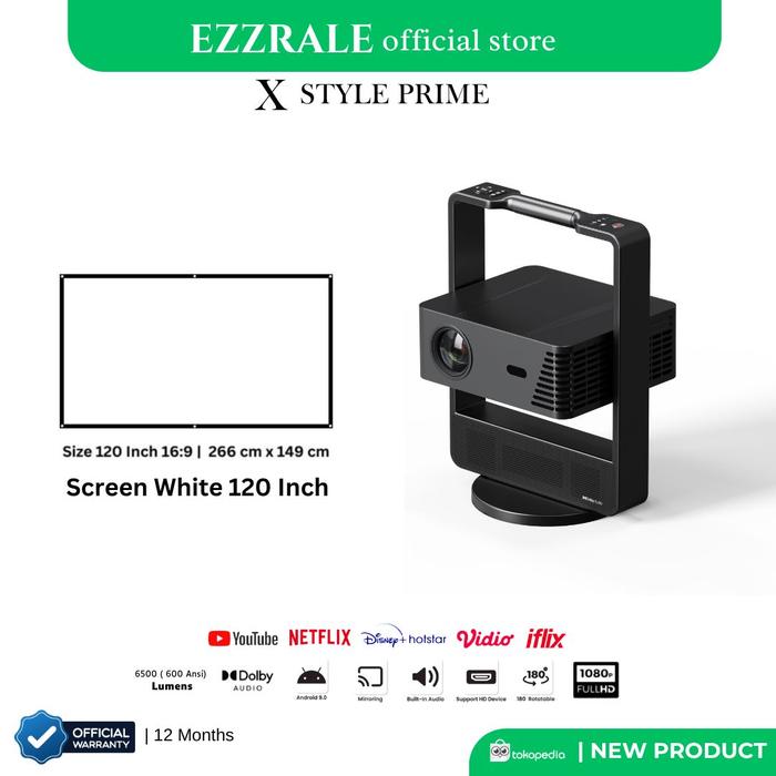 Gambar EZZRALE SMART PROYEKTOR LCD X STYLE PRIME - Proyektor Android 9.0 600 ANSI 10W*2 Speaker DOLBY HDMI2 USB2 WiFi 6 Fokus Otomatis 16:9 4:3 Auto-fit 2000:1 Kontras 12 Bulan Garansi - Prime+Putih120" dari EZZRALE undefined Tokopedia