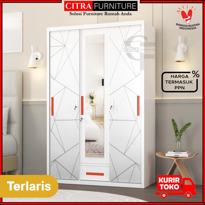 Gambar Lemari Pakaian Besi 3 Pintu Sliding Minimalis | Lemari Baju sleding - MOTIF-B, DIRAKIT dari Citra furniture undefined Tokopedia