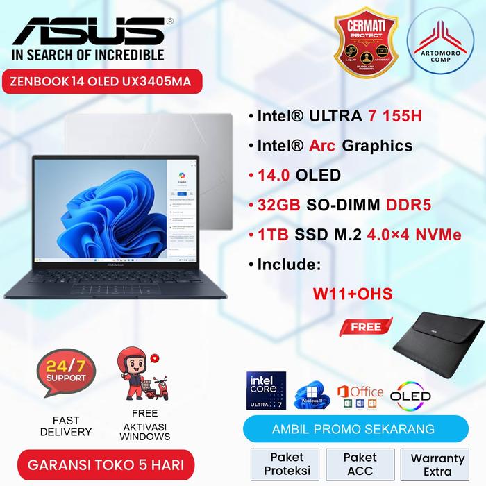 Gambar ASUS ZENBOOK 14 OLED UX3405MA ULTRA 7 155H 32GB 1TB 14" 3K 120Hz - Biru, Unit Set dari Artomoro Comp undefined Tokopedia