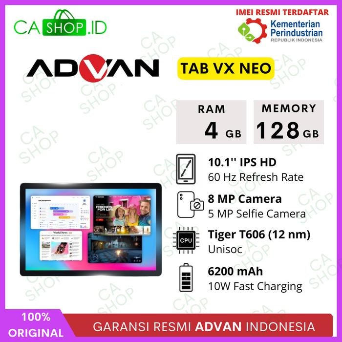 Gambar Advan Tab VX - 8GB 128GB (8/128) Tablet 10" T618 - New Original Resmi - VX Neo 4/128, Tablet+Flipcase dari CA Shop undefined Tokopedia
