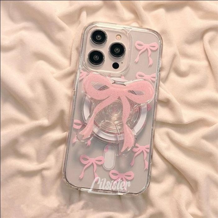Gambar ◤NEW◢ Korean Bowknot Magsafe Clear Case include Magnetic Phone Grip (XR 11 12 13 14 15 PRO PROMAX) - PINK BOWKNOT, XR/11 dari lilsisterstuffs undefined Tokopedia