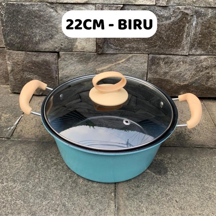 Gambar AVEN Panci Sup Enamel + Tutup Kaca 18cm 20cm 22cm 24cm Tebal / Kuali Masak Pelunak Daging Sayur Serbaguna / High Quality Soup Pot Susu - 22CM - BIRU dari Aven Indonesia undefined Tokopedia