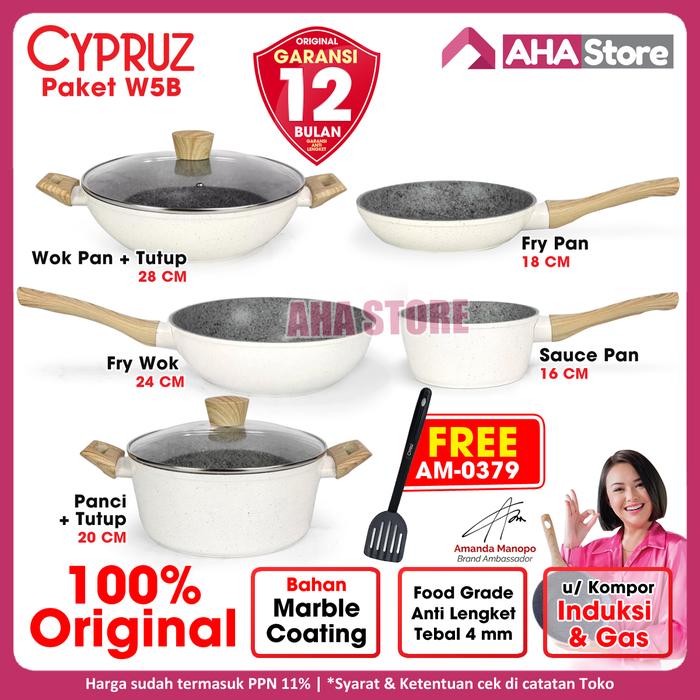 Gambar Cypruz Panci Set Paket Fry Pan Fry Wok Wok Pan Sauce Pan Casserole Grill Pan White Granite - 5 Pcs W5B dari AHA Store Indonesia_NEW undefined Tokopedia
