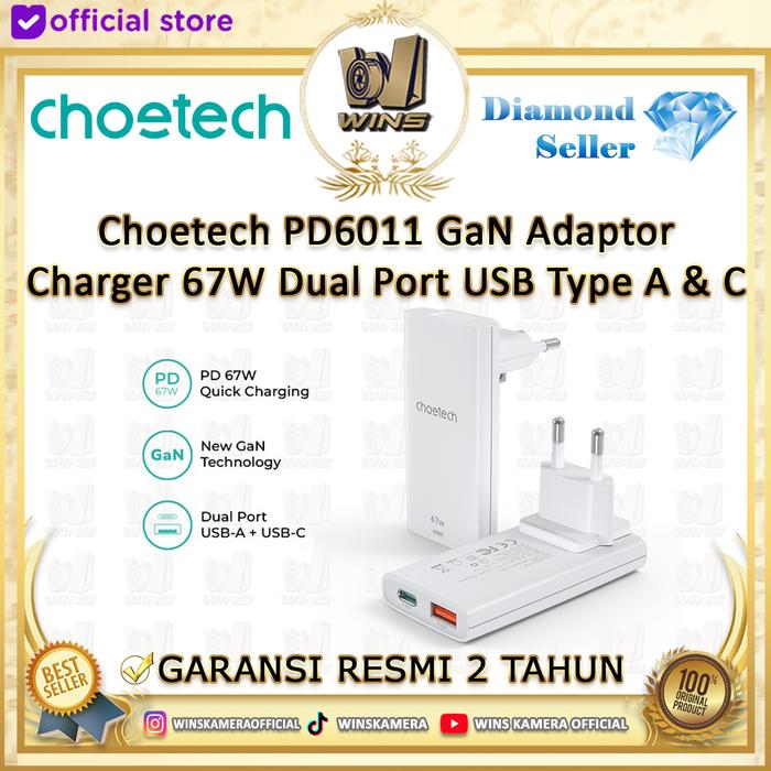 Gambar Choetech PD6011 GaN Adaptor Charger 67W Dual Port USB Type A & C - Putih dari WINS OFFICIAL STORE undefined Tokopedia