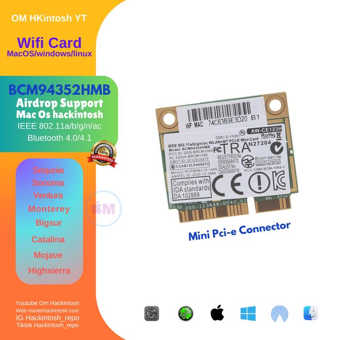 Gambar wifi card BCM94352 HMB connector Mini Pci.e laptop hackintosh - Wifi only dari Part it_NEW undefined Tokopedia