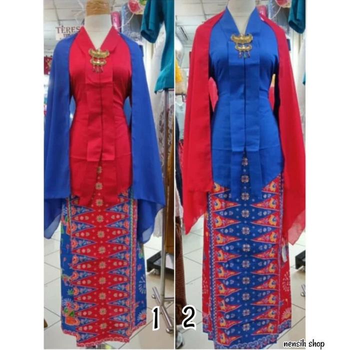 Setelan kebaya Encim none Betawi//Atasan+bawahan+Selendang Set merah, 5L