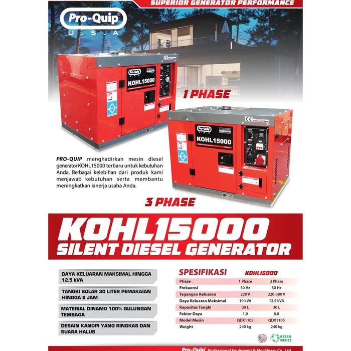 Gambar Genset Silent PROQUIP KOHL15000 10Kva 1PH / Power Generator Diesel Solar 10000Watt PRO QUIP KOHL 15000 1 Phase dari celanadalama undefined Tokopedia