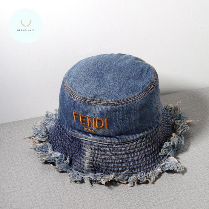 Promo Fendi Logo Bucket Hat in Blue Denim with Fringed Edge