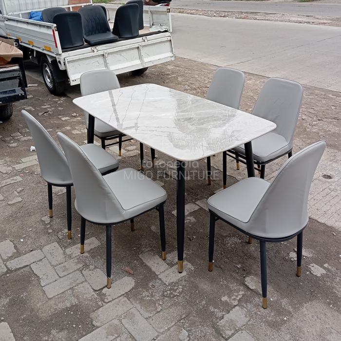 Gambar Meja Makan Set Motif Marmer | Dining Set Rock Beam + 6 Kursi - Abu-abu dari MIGO FURNITURE undefined Tokopedia