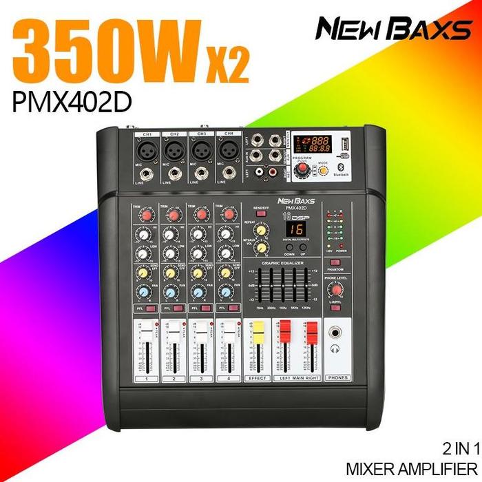 Gambar NEW BAXS PMX402D/PMX402S Audio Mixer power amplifier equalizer Professional Included wireless microphone UHF 350 Watt 2 Channel 2-layer, 7-band adjustable Built-in 16 DSP reverb effect Support recording function Bluetooth/USB/PC/MP3 Equipment - PMX402D dari MARSTARLA undefined Tokopedia