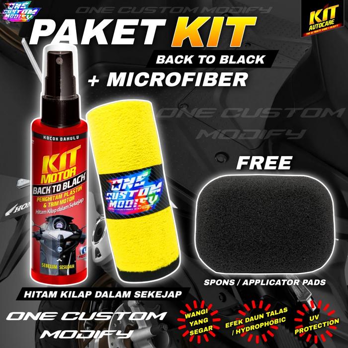 Gambar KIT BACK TO BLACK MICROFIBER FREE SPONGE SPONS PERAWATAN PENGHITAM PENGKILAP BODY TRIM MOTOR & MOBIL ORIGINAL KIT SEMPROT SPRAY PUMP 115 ML ONE CUSTOM MODIFY dari One custom modify undefined Tokopedia