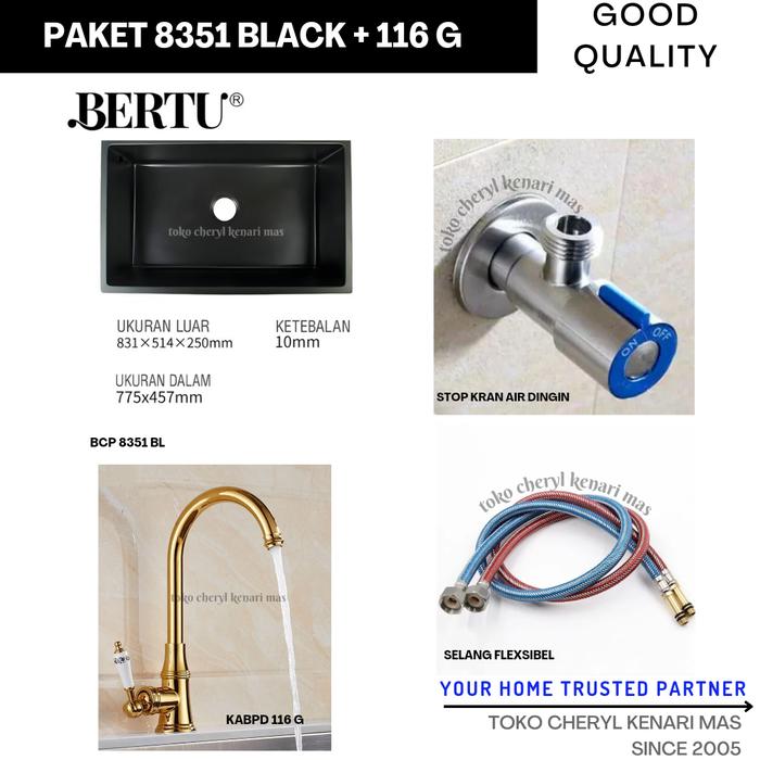 Gambar BAK CUCI PIRING GRANIT KITCHEN SINK UNDERMOUNT HITAM BLACK BERTU 8351 - PAKET 116 GOLD dari TOKO CHERYL KENARI MAS undefined Tokopedia