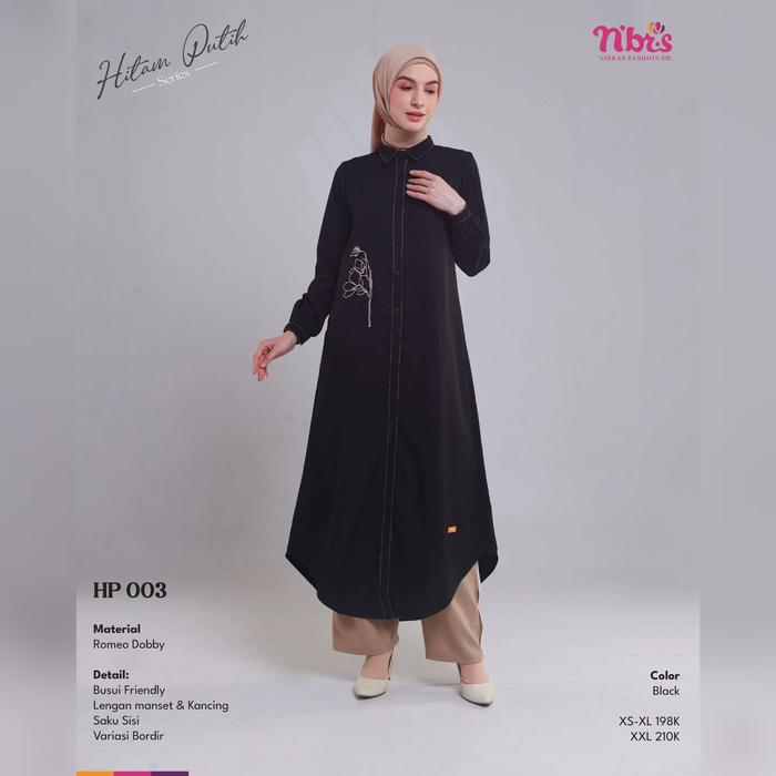 midi dress nibras gamis black dobby Jual HP 003 Warna Hitam Tunik Panjang Cantik Branded Ori Variasi Bordir Bunga Busui Friendly - Hitam Black, XL - Kota Bekasi - Hibban Online Shop Velvet dress