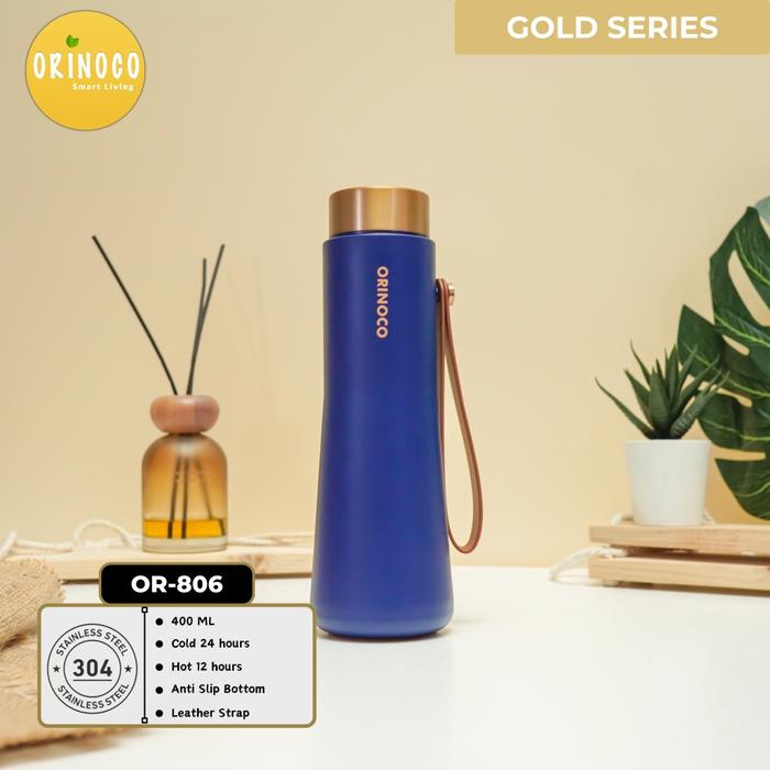 Gambar Orinoco Botol Thermos 400ML Tumbler OR-806 Stainless Vacuum Flask Keep Hot&Cold With Leather Strap Gold Series - Biru dari Maxhomeliving_NEW undefined Tokopedia