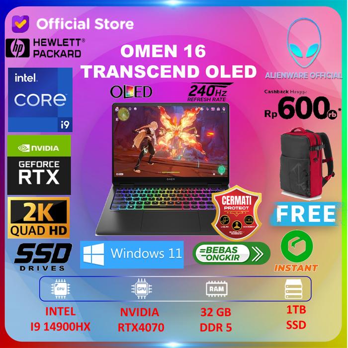 Gambar HP Omen Transcend 16 OLED I9 14900HX RTX4070 8GB/ 32GB 1TB W11+OHS 16.0 2.5K VRR 240HZ - UNIT dari AI Official Store undefined Tokopedia