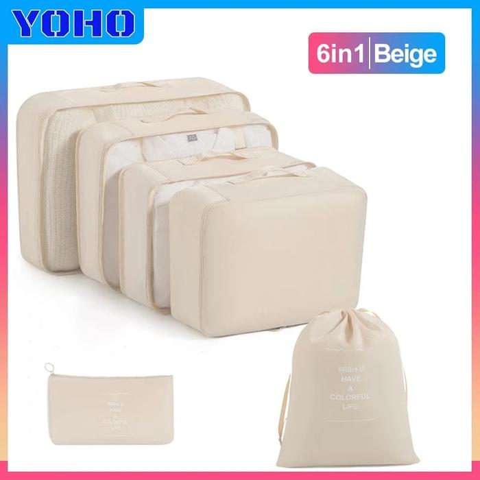 Gambar Tas Travel Organizer Storage Bag Luggage 6in1 Set Bag Tas Dalam Koper  6Pcs SET Travel Luggage Organizer Packing Cubes Set Storage Bag Waterproof Laundry Bag Traveling Accessories - Beige dari YOHOID undefined Tokopedia