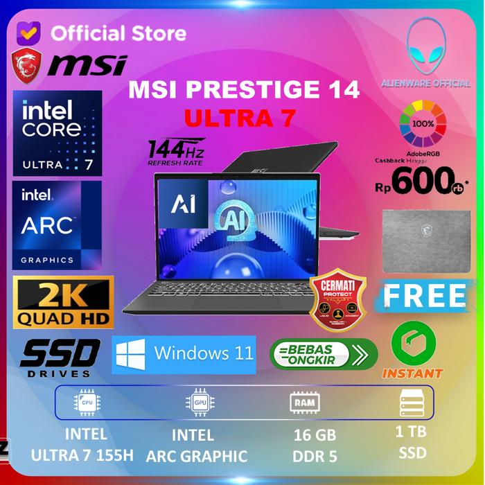 Gambar MSI PRESTIGE 14 AI ULTRA 7 155H 16GB 1TB W11+OHS 14.0FHD+ 144HZ 100SRGB - UNIT dari AI Official Store undefined Tokopedia