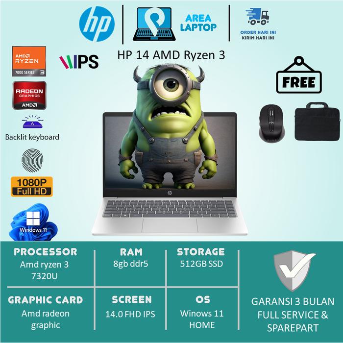 Gambar Laptop HP 14 AMD RYZEN 3 7320U 8GB DDR5 512GB SSD 14.0 FHD IPS BL FP WIN11 - UNIT+BONUS dari Area Laptop undefined Tokopedia