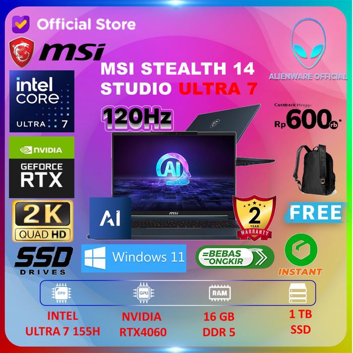 Gambar MSI Stealth 14 OLED AI Studio Ultra 7 155H RTX4060 8GB/ 16GB 1TB W11+OHS 14.0 2.8K - UNIT dari AI Official Store undefined Tokopedia