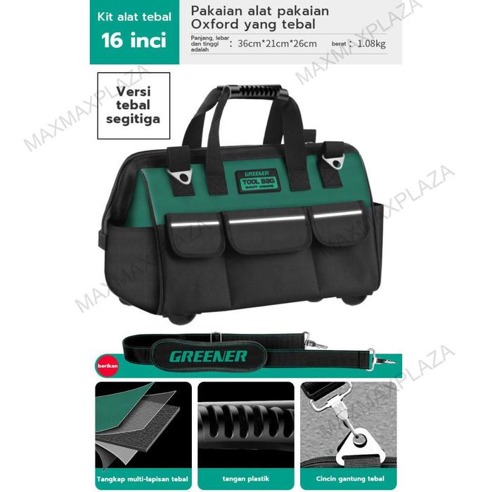 Gambar GREENER Tool Bag PRO EDITION 13-16 Inch Tebal - Tas Alat Perkakas Kuat/Multifunctional Tool Bag Large Capacity Oxford Canvas Waterproof Bag Wear-Resistant Tool Repair Storage Electrician Bag - 16inch dari SERADAYA II undefined Tokopedia