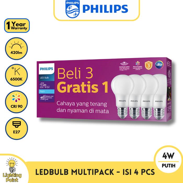 Gambar Lampu LED PHILIPS Promo Beli 3 Gratis 1 (MultiPack) - Putih 6500K - 4W dari Lighting Point undefined Tokopedia