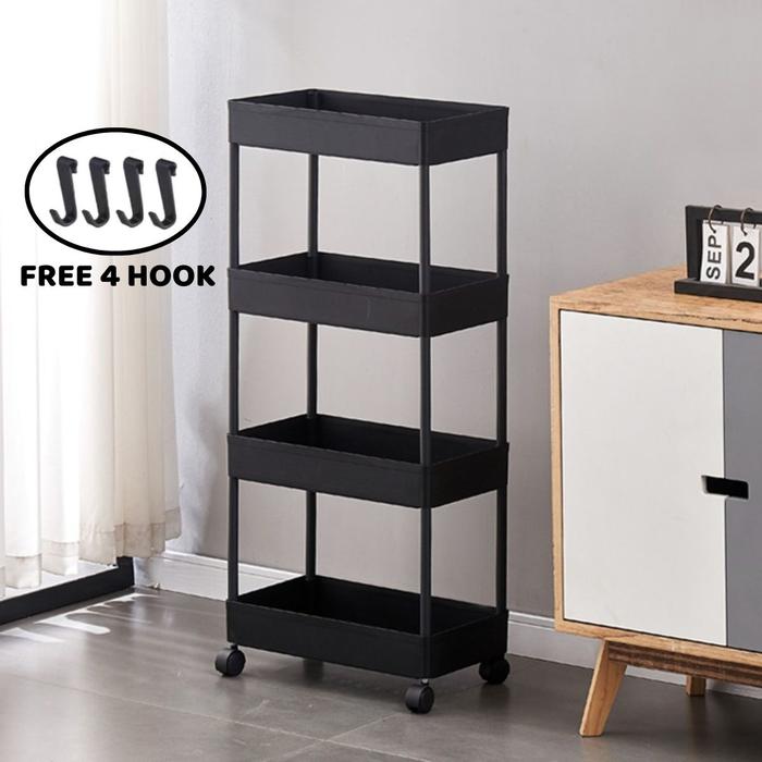 Gambar AVEN Rak Yeye 4 Susun Serbaguna / Lemari Buku Bumbu Dapur Kamar Mandi Hiasan Beroda 4 Susun / Storage Rack 4 Tier - Hitam dari Aven Indonesia undefined Tokopedia