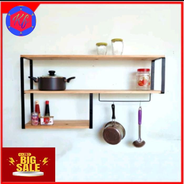 Gambar Rak Bumbu Dapur 3 susun Serbaguna Kayu besi Minimalis gantung dinding - natural, 60cm dari Keisa flower undefined Tokopedia