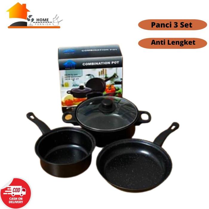 Gambar Panci Set 3 IN 1 Wajan Teflon Stainless Steel Cookware Set Anti Lengket Panci Isi 3 Free Penutup Kaca Panci Kukus Fry Pan Anti Lengket - Black dari amanah terpercayaa undefined Tokopedia