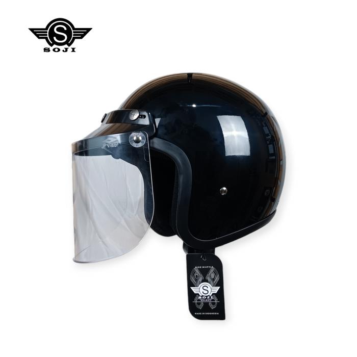 Gambar SOJI Helm Polos Retro Holmes Lis Hitam Dewasa Kaca Datar Bening - black glos, M (57-58cm) dari SOJI Helmet Official Store undefined Tokopedia