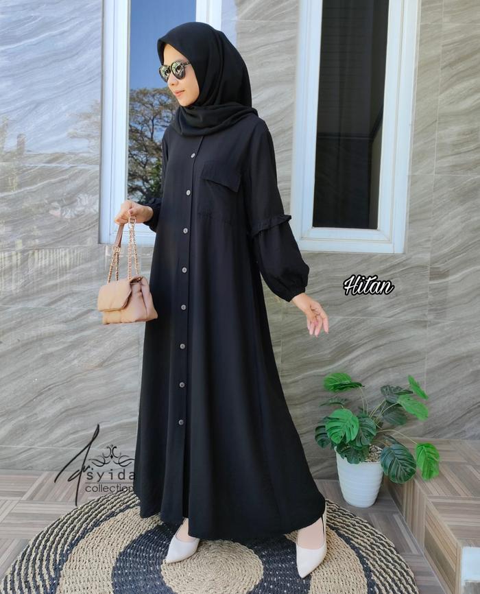 Gambar Gamis Polo Linen Model Minimalis/ Dress Full Kancing Saku Depan/Termurah - Hitam, M dari Syida Butiq&#39;e undefined Tokopedia