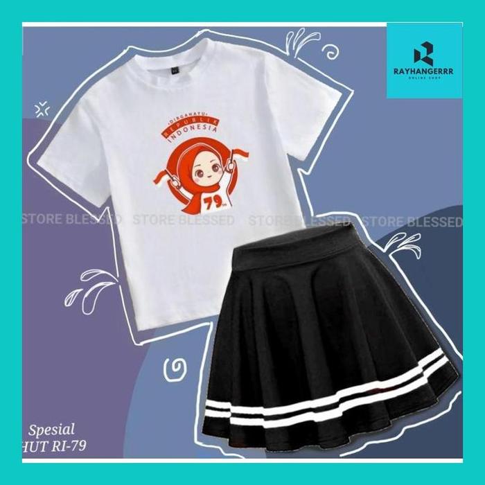 Gambar Ray || Setelan Anak Perempuan Edisi Kemerdekaan One Set Baju Kaos Oblong Anak Edisi Kemerdekaan Set Baju Beautiful Dan Rok Anak List Kemerdekaan Ke-79 Untuk Anak Usia 2-10 Tahun - Cwe hijab hitam, M (2-4 TAHUN) dari Rayhangerrr undefined Tokopedia