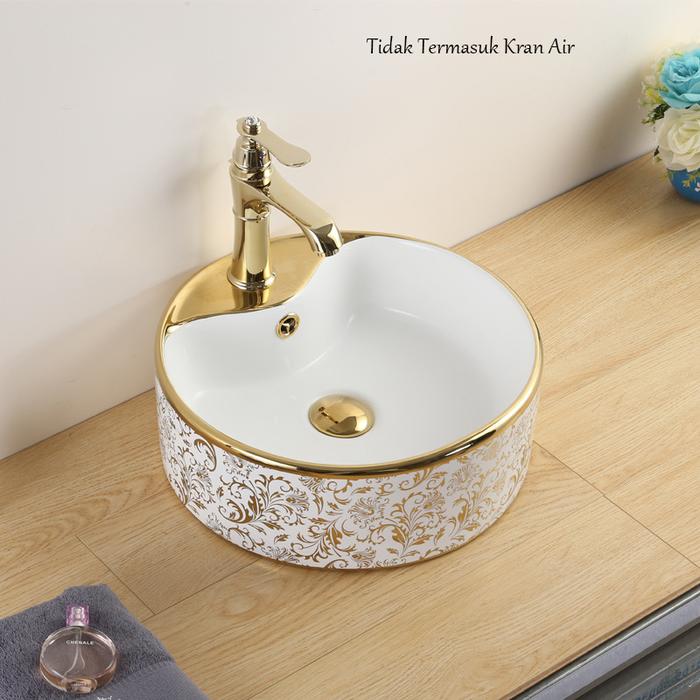 Gambar HHS Wastafel Meja Cuci Muka Kamar Mandi Elegan Eropa Klasik Putih Gold - Bulat Baru, Wastafel+Kayu dari HihappyShopping undefined Tokopedia