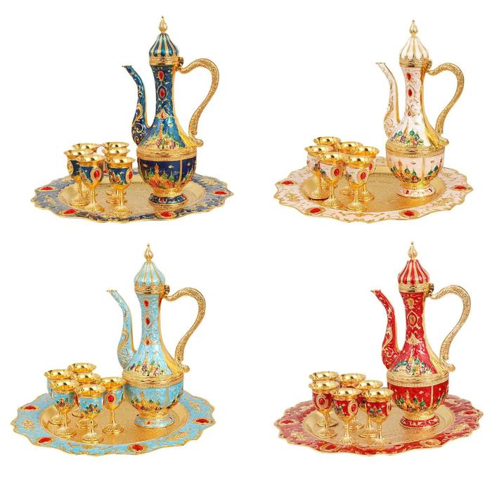 Gambar Turkish Teas Set Art Crafts Luxury Wine Pot Decoration with 6 Coffee Cup and Tray Tea Service Set for Kitchen Home Wedding Bar dari Iridescent Pulse undefined Tokopedia