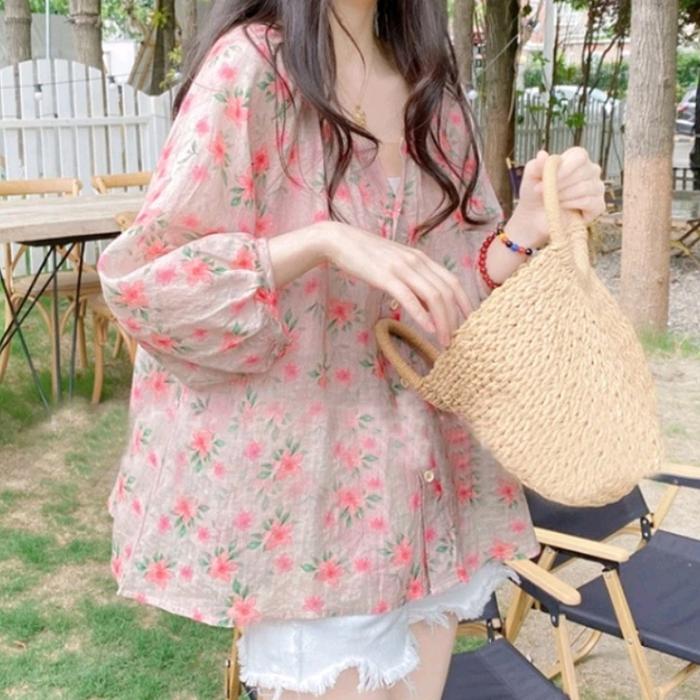 Jual Atasan Blouse Loose Floral Soft Spring Blossom Pink Korean - Main Image