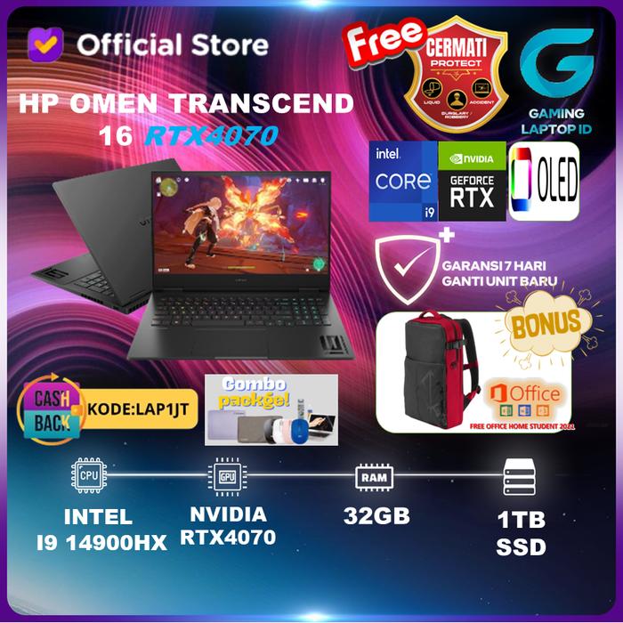 Gambar HP OMEN Transcend 16-u1777TX i9-14900HX RTXT4070 1TB SSD 32GB Win11+OHS - STANDAR, Hitam dari Gaming Laptop ID undefined Tokopedia