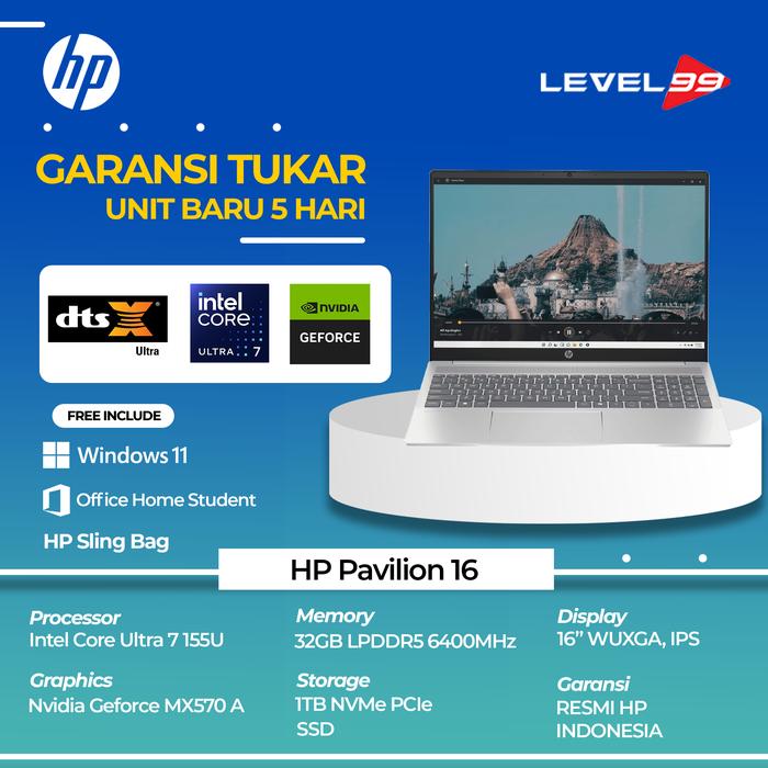 Gambar LAPTOP HP PAVILION 16-AF0888TX 16'WXGA/ULTRA 7-155U/ 32GB LPDDR5/ 1TB/ NVIDIA MX570A/W11+OHS dari Level99Store undefined Tokopedia