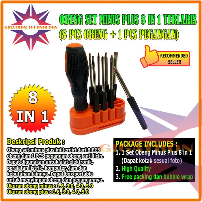 Gambar Obeng Set Minus Plus Lengkap 8 In 1 / Obeng Set 8 In 1 Plus Minus Obeng Listirk Gangang Karet Anti Slip / Obeng Set Gagang Karet Skrup Screwdriver Bintang Plus Min + - / Kombinasi Obeng Plus Minus 8 PCS Screwdriver Mata Obeng Pembuka Baut / Obeng Ketok - 8 IN 1 dari Gigatron Technology undefined Tokopedia