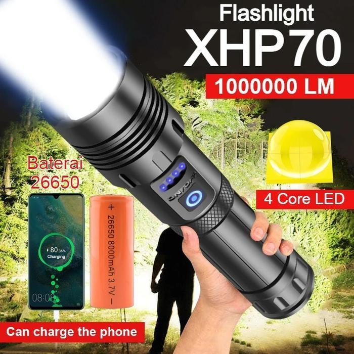 Gambar Senter SWAT Police Terbaik / Senter LED XHP70 90000 Lumens Super Terang Cas USB Outdoor Waterproof - Senter + Batera dari Surya Bright undefined Tokopedia