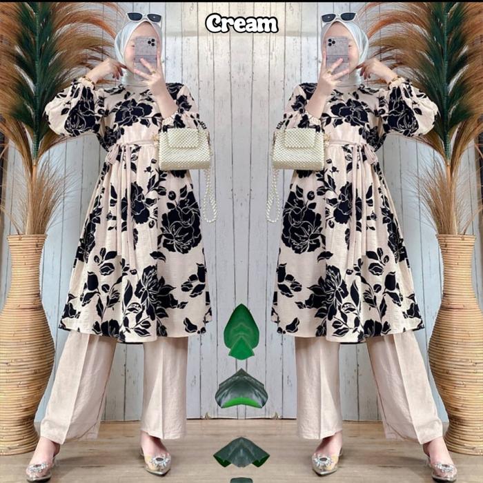 Gambar Set Tunik Terbaru Davina One Set Setelan Tunik Wanita Terbaru Rayon Premium - Cream dari Syalia Collection undefined Tokopedia