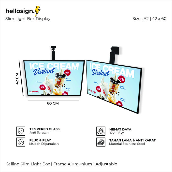 Gambar Ceiling Slim Light Box | LED Menu Gantung Murah | Menu Adv Langit-Langit | Papan Iklan LED | Display Menu Fast Food & Cafe - A2 dari hellosign. undefined Tokopedia