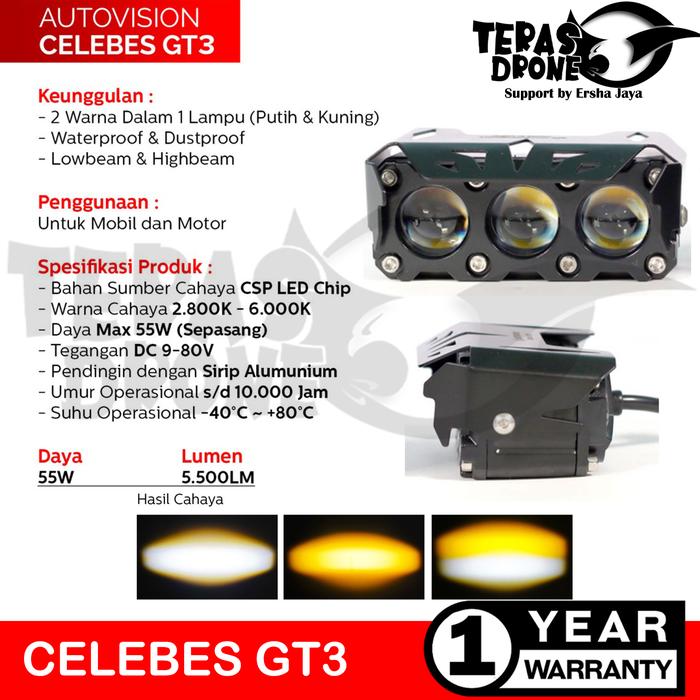 Gambar Mini BILED Projector Autovision Celebes  GT3 55Watt - Biled 3 Lensa - Celebes GT3, Putih/Kuning dari Teras Drone Autovision undefined Tokopedia