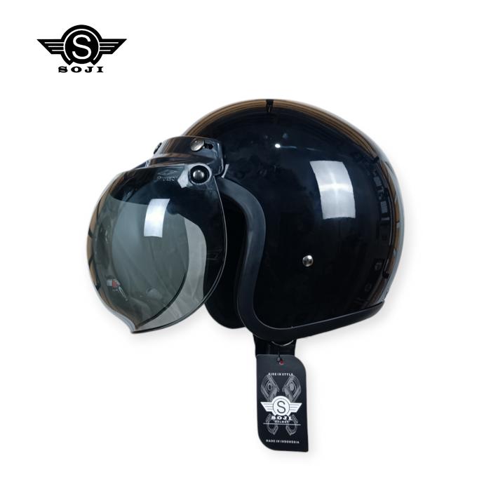 Gambar SOJI Helm Retro Polos Holmes Classic List Hitam Kaca Cembung Smoke - black glos, M (57-58cm) dari SOJI Helmet Official Store undefined Tokopedia