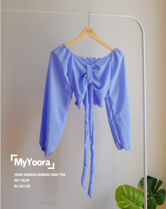 Gambar [MyYoora] Yoon Sabrina Serut Ribbon Crop Top Blouse BL1261 - Sky Blue dari MyYoora Shop undefined Tokopedia