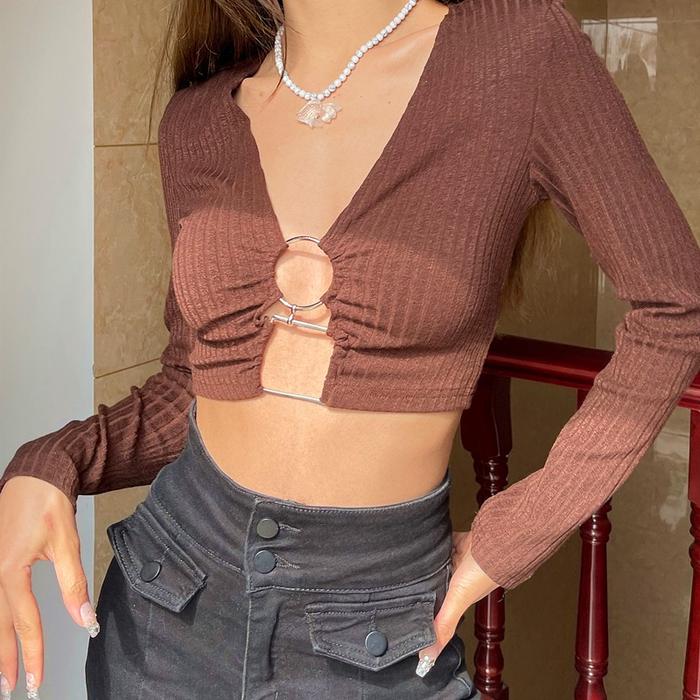 Gambar 【Premium】] Lady Long Sleeves Short  Deep V-neck Top 7363 S/M/L - Dark Brown, S dari 99koutlet undefined Tokopedia