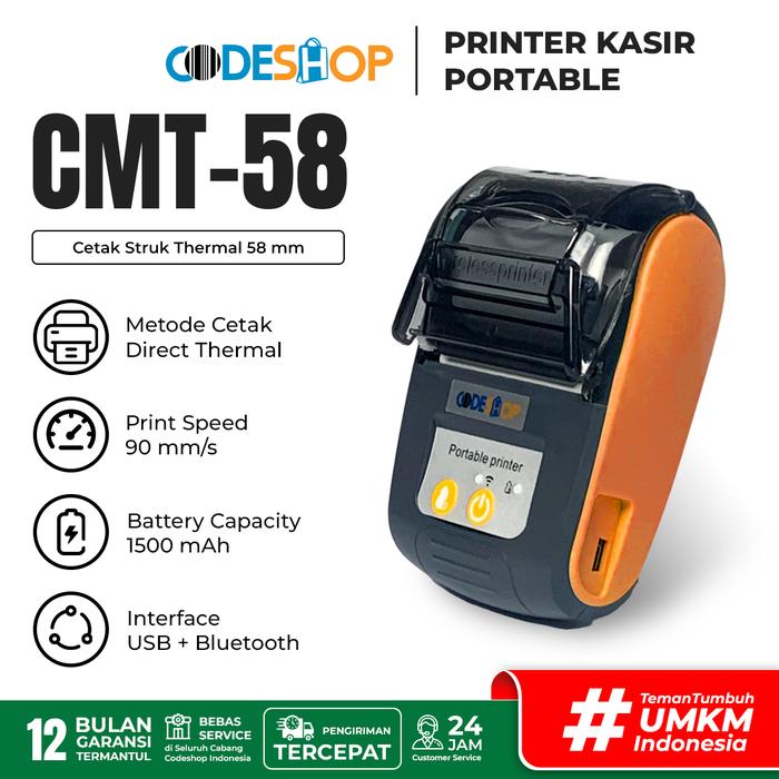 Gambar Mobile Printer Bluetooth Portable Codeshop CM-T58 Cetak Struk Kasir Receipt Thermal 58mm - Orange dari Codeshop Indonesia undefined Tokopedia