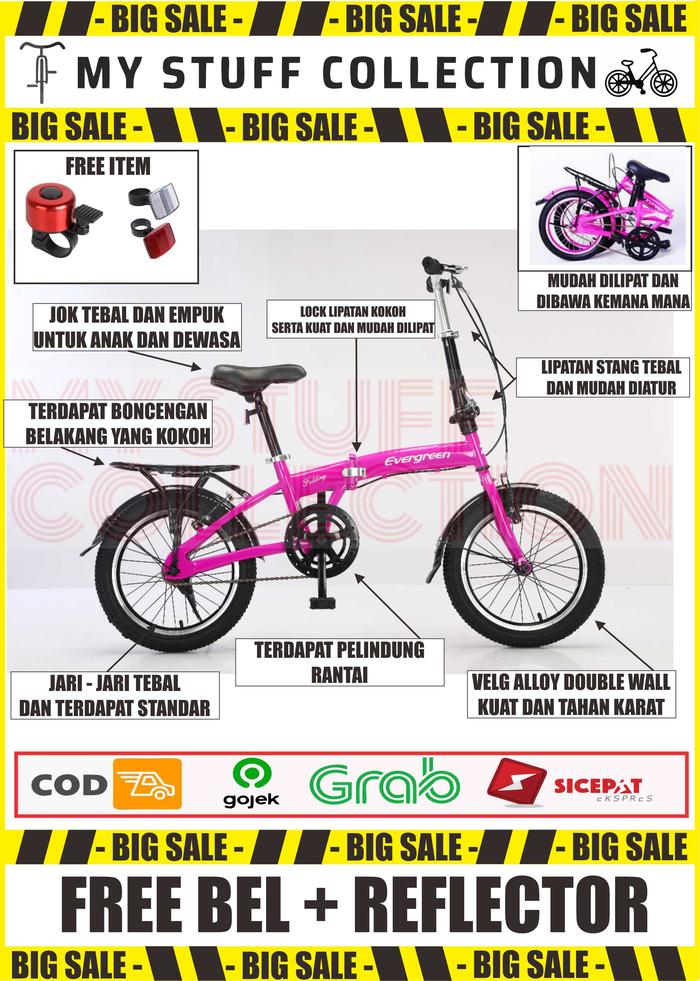 Gambar SEPEDA LIPAT EVERGREEN UKURAN 16 INCH SINGLE SPEED BONCENGAN DN SPCBOR - Merah Muda dari MyStuff collection undefined Tokopedia