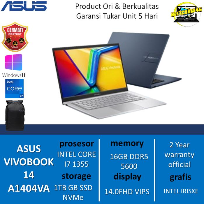 Gambar Asus Vivobook 14 A1404VA I7 1355 16GB 1TB W11+OHS 14.0FHD - NON PAKET, BLUE 8GB 512SSD dari BestComp46 undefined Tokopedia
